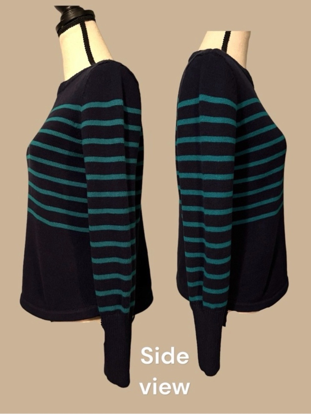 ANN TAYLOR LOFT Striped Boatneck Pullover Sweater Navy Green Women's Medium - Picture 11 of 12